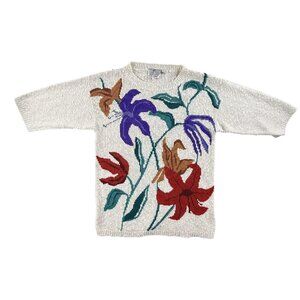 Vintage Campus Casuals Sweater Womens Small Colorful Floral Cottage Grandma 80s